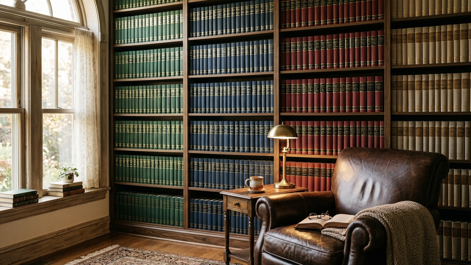 A home library with linen-bound hardcover books in green, navy, red, and tan cloth with gold foil spines
